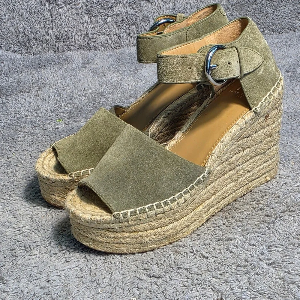 Marc Fisher Wedge Espadrille Sandals Olive Green Suede Ankle Strap Womens 8 Good